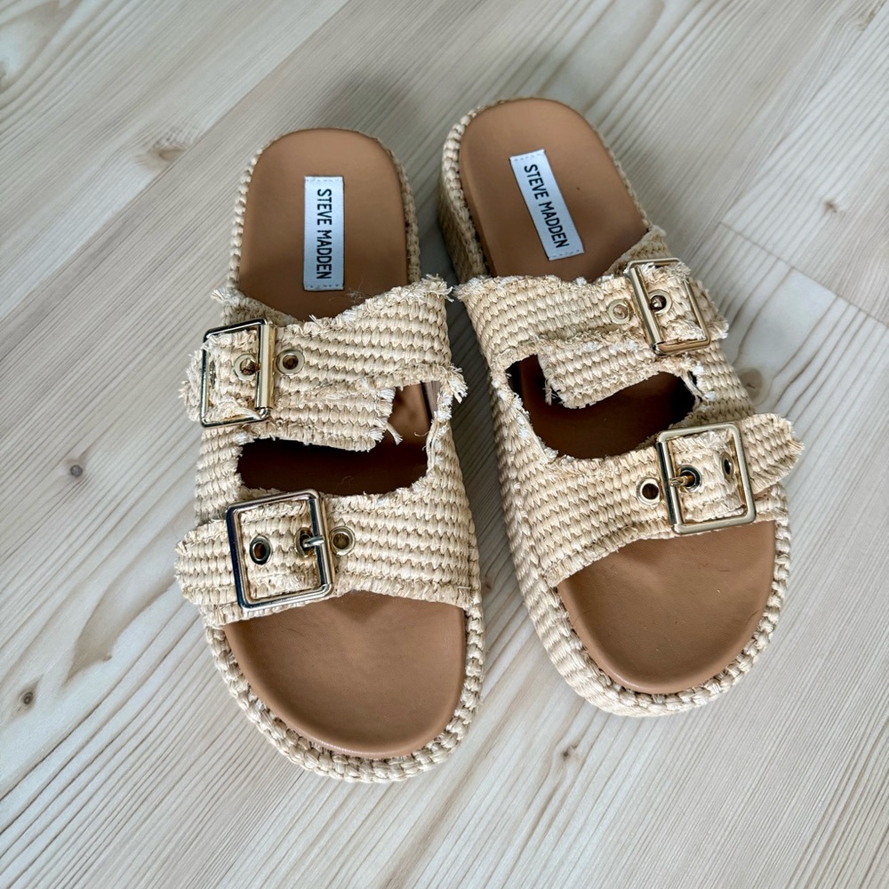 Women’s Steve Madden Beige Kerrigan Raffia Double Buckle Slides